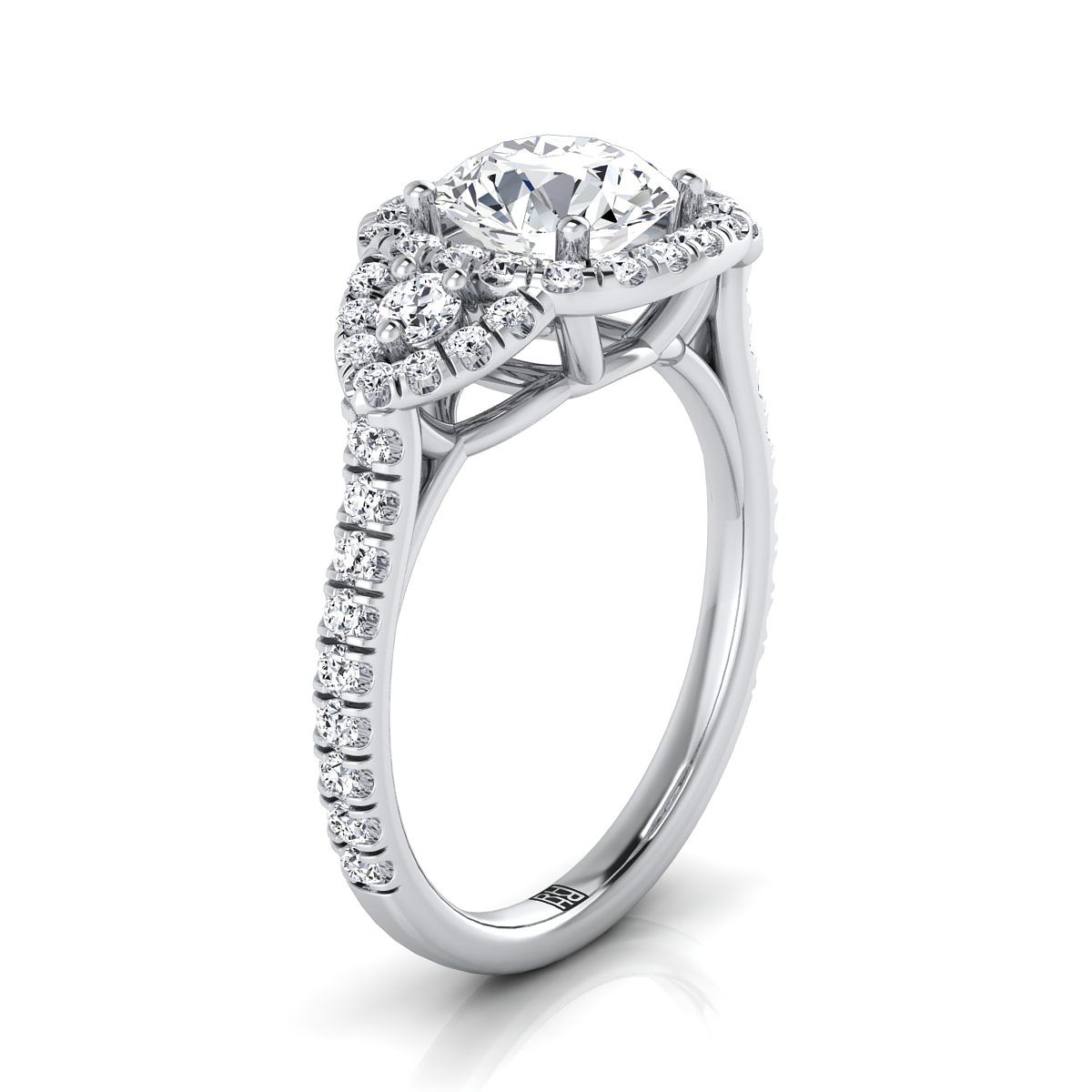 Round Brilliant, Delicate Three Stone Halo, in 18K White Gold, pave setting – side profile | RockHer