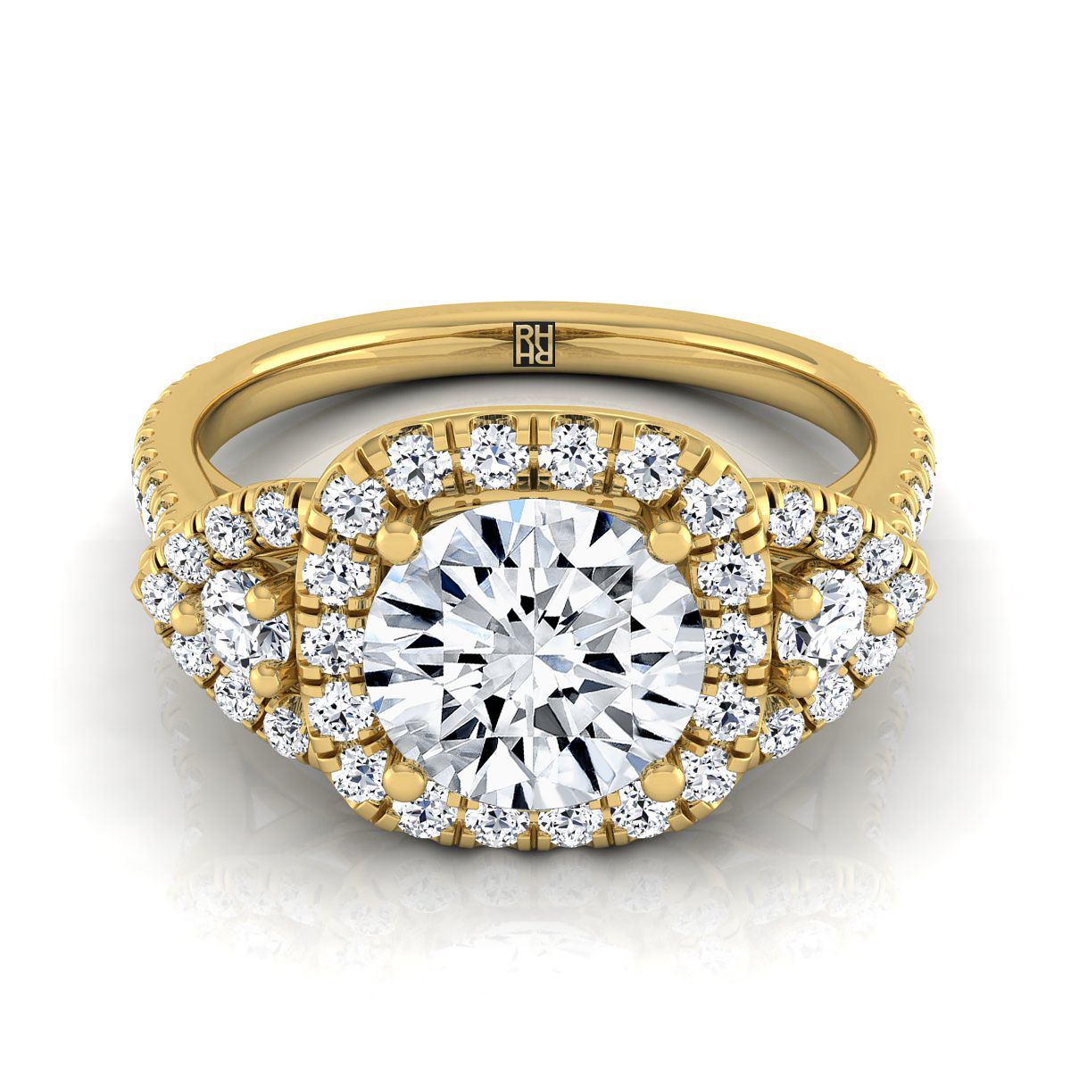 Round Brilliant, Delicate Three Stone Halo, in 18K Yellow Gold, pave setting – view 8 | RockHer