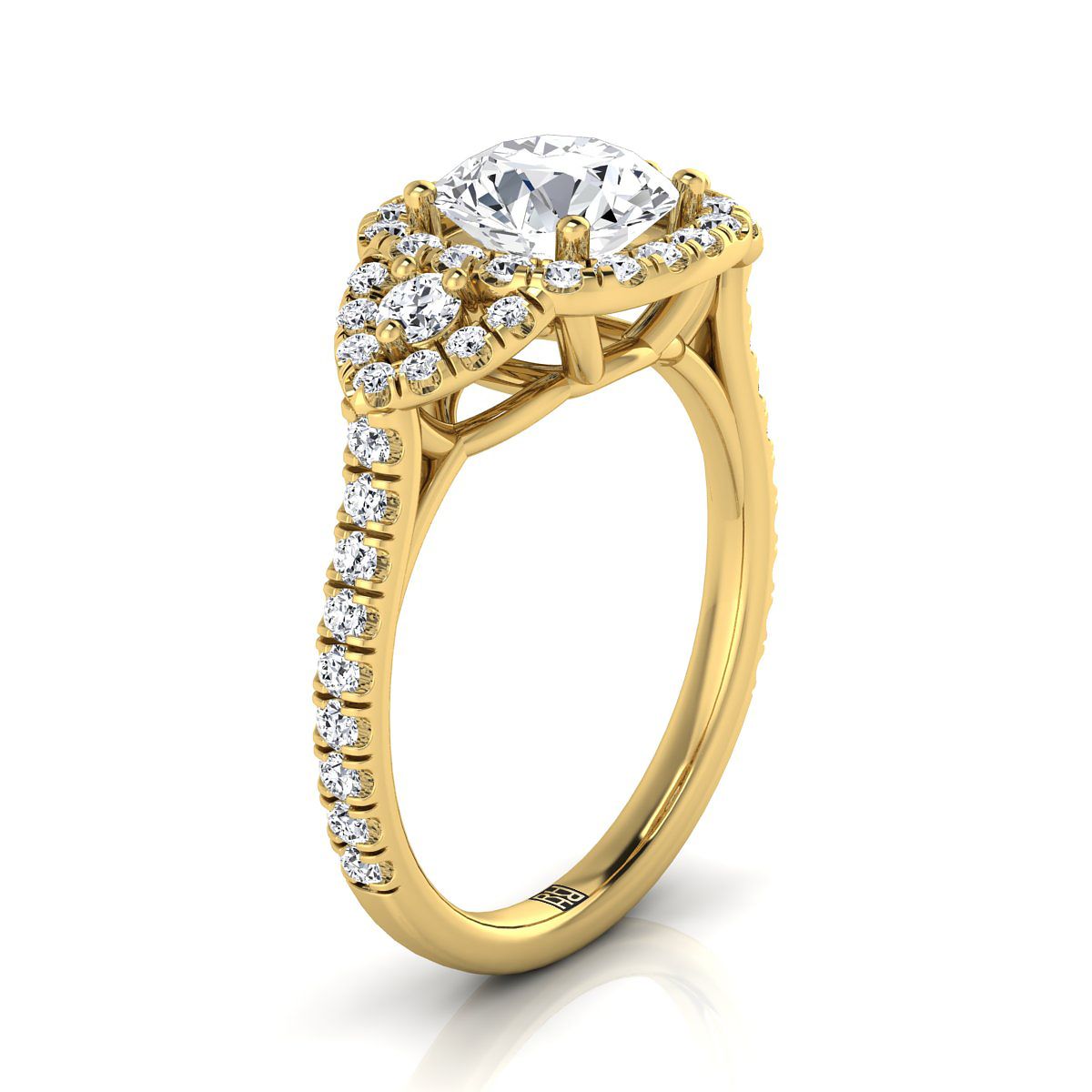Round Brilliant, Delicate Three Stone Halo, in 18K Yellow Gold, pave setting – view 9 | RockHer