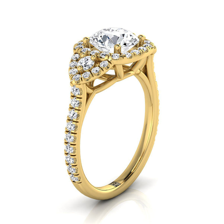 Round Brilliant, Delicate Three Stone Halo, in 18K Yellow Gold, pave setting – view 9 | RockHer
