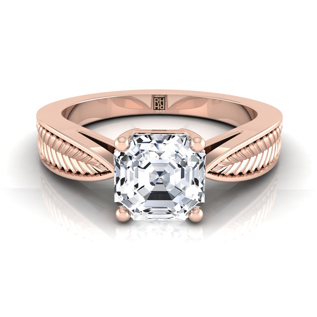 Vintage Leaf Pattern Solitaire Asscher, in 14K Rose Gold, prong setting | RockHer