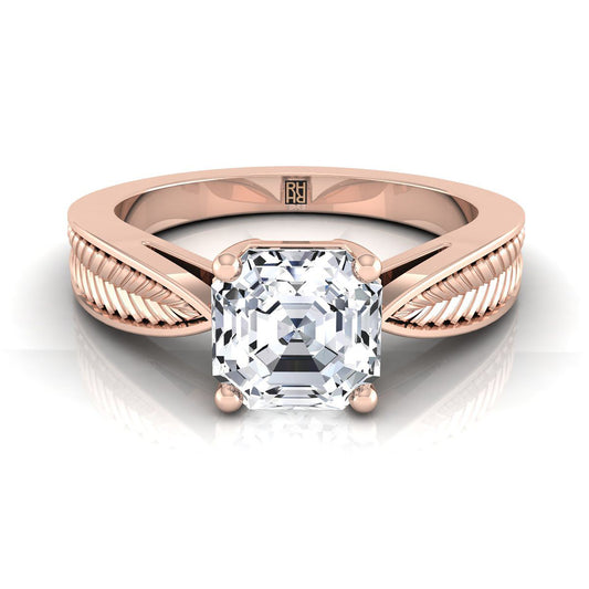 Vintage Leaf Pattern Solitaire Asscher, in 14K Rose Gold, prong setting | RockHer