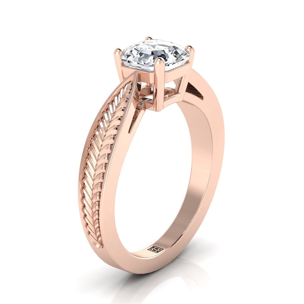 Vintage Leaf Pattern Solitaire Asscher, in 14K Rose Gold, prong setting – side profile | RockHer