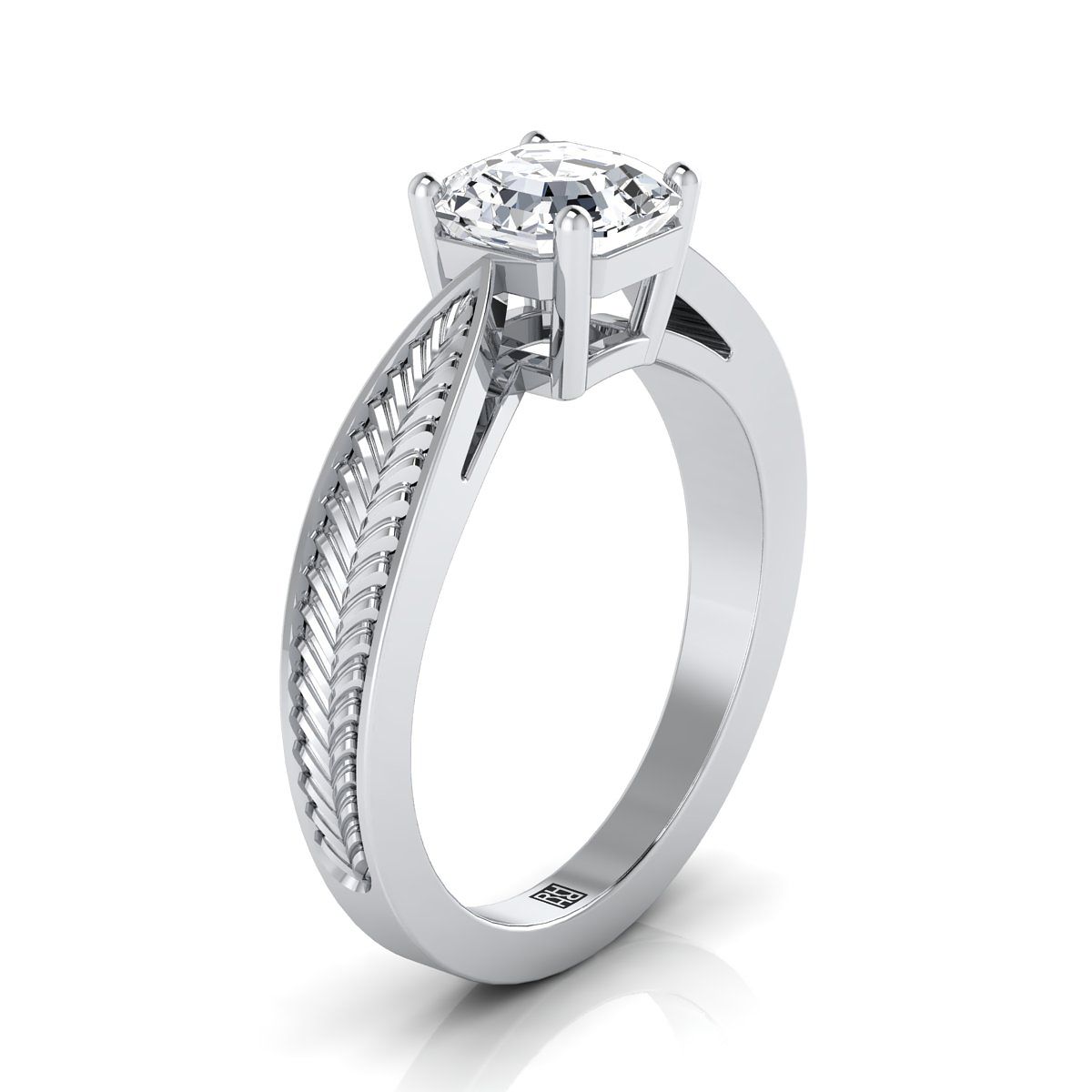 Vintage Leaf Pattern Solitaire Asscher, in 18K White Gold, prong setting – side profile | RockHer