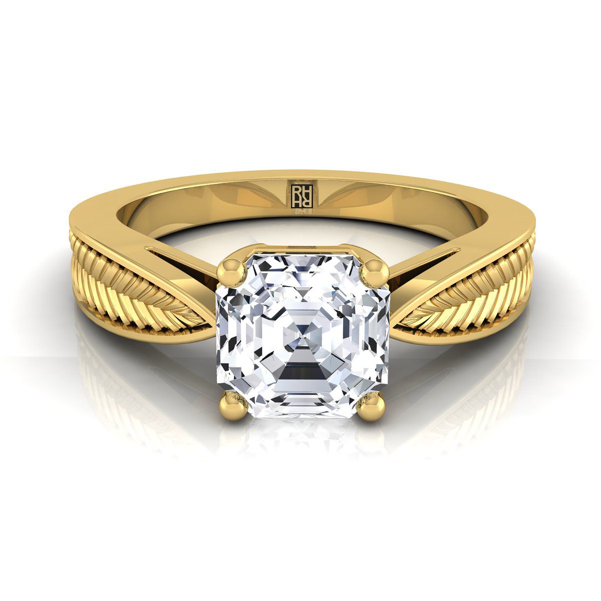 Vintage Leaf Pattern Solitaire Asscher, in 18K Yellow Gold, prong setting | RockHer