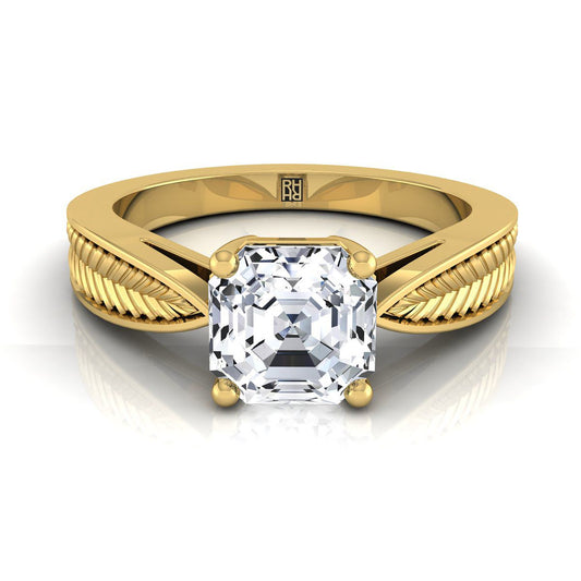 Vintage Leaf Pattern Solitaire Asscher, in 18K Yellow Gold, prong setting | RockHer