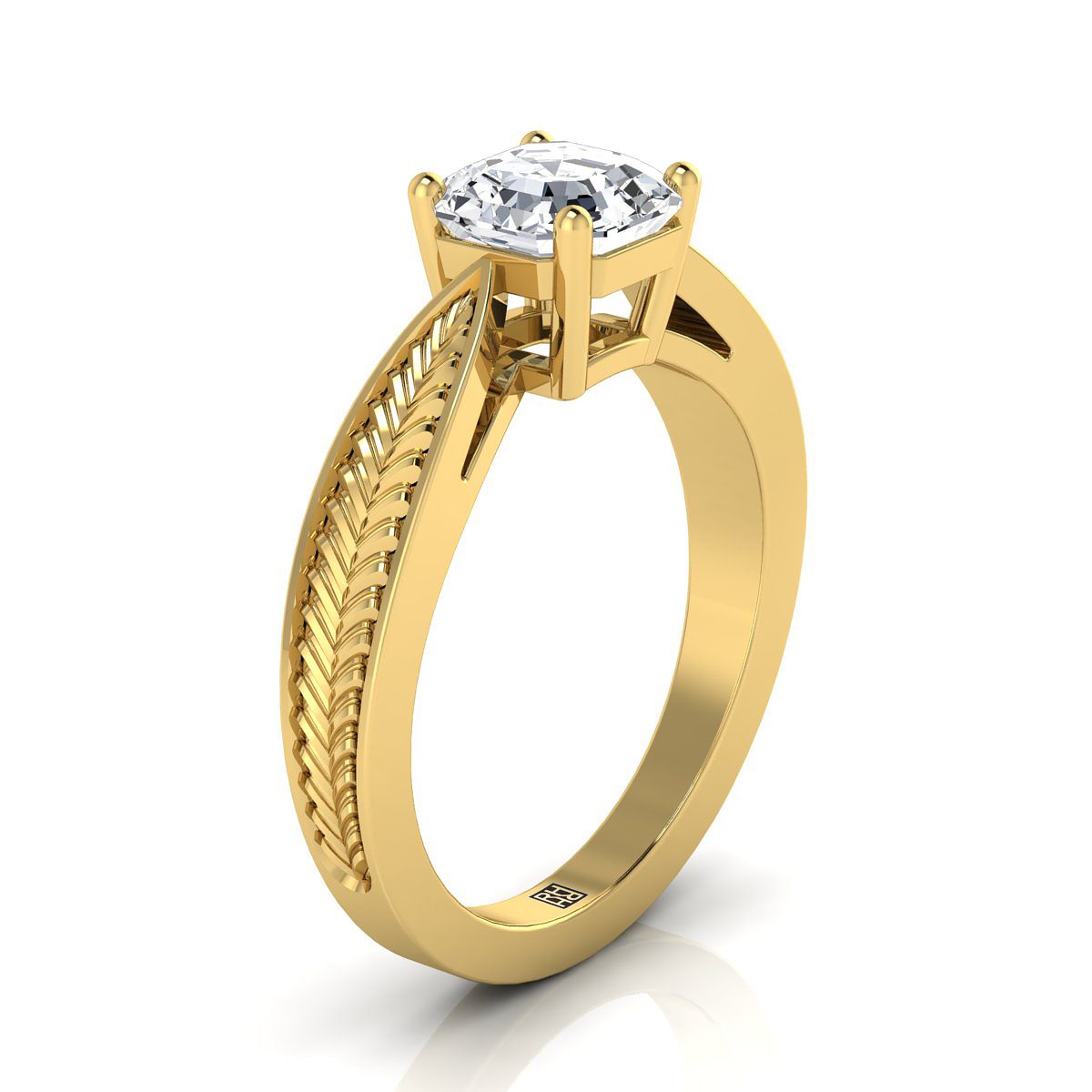 Vintage Leaf Pattern Solitaire Asscher, in 18K Yellow Gold, prong setting – side profile | RockHer