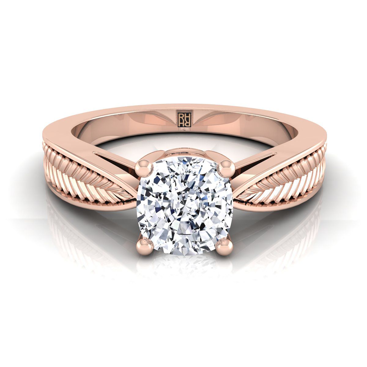 14K Rose Gold Cushion Vintage Inspired Leaf Pattern Pinched Solitaire Engagement Ring