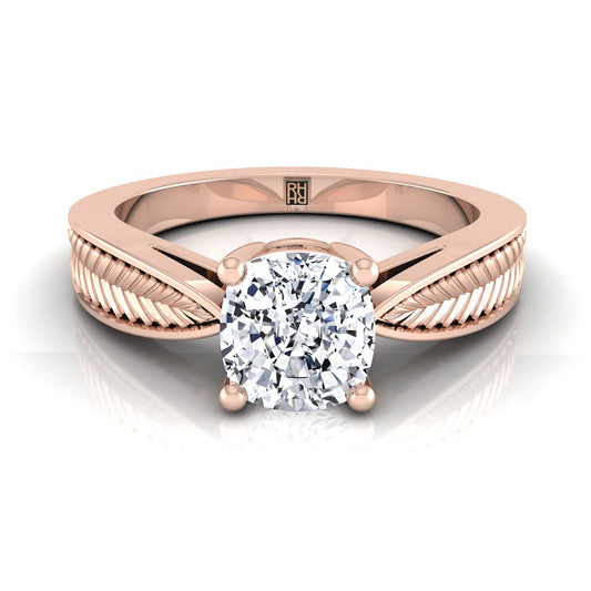 Vintage Leaf Pattern Solitaire Cushion, in 14K Rose Gold, prong setting | RockHer