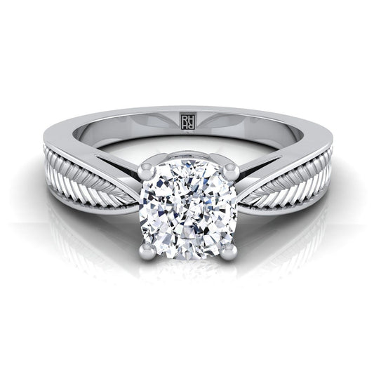 Vintage Leaf Pattern Solitaire Cushion, in Platinum, prong setting | RockHer