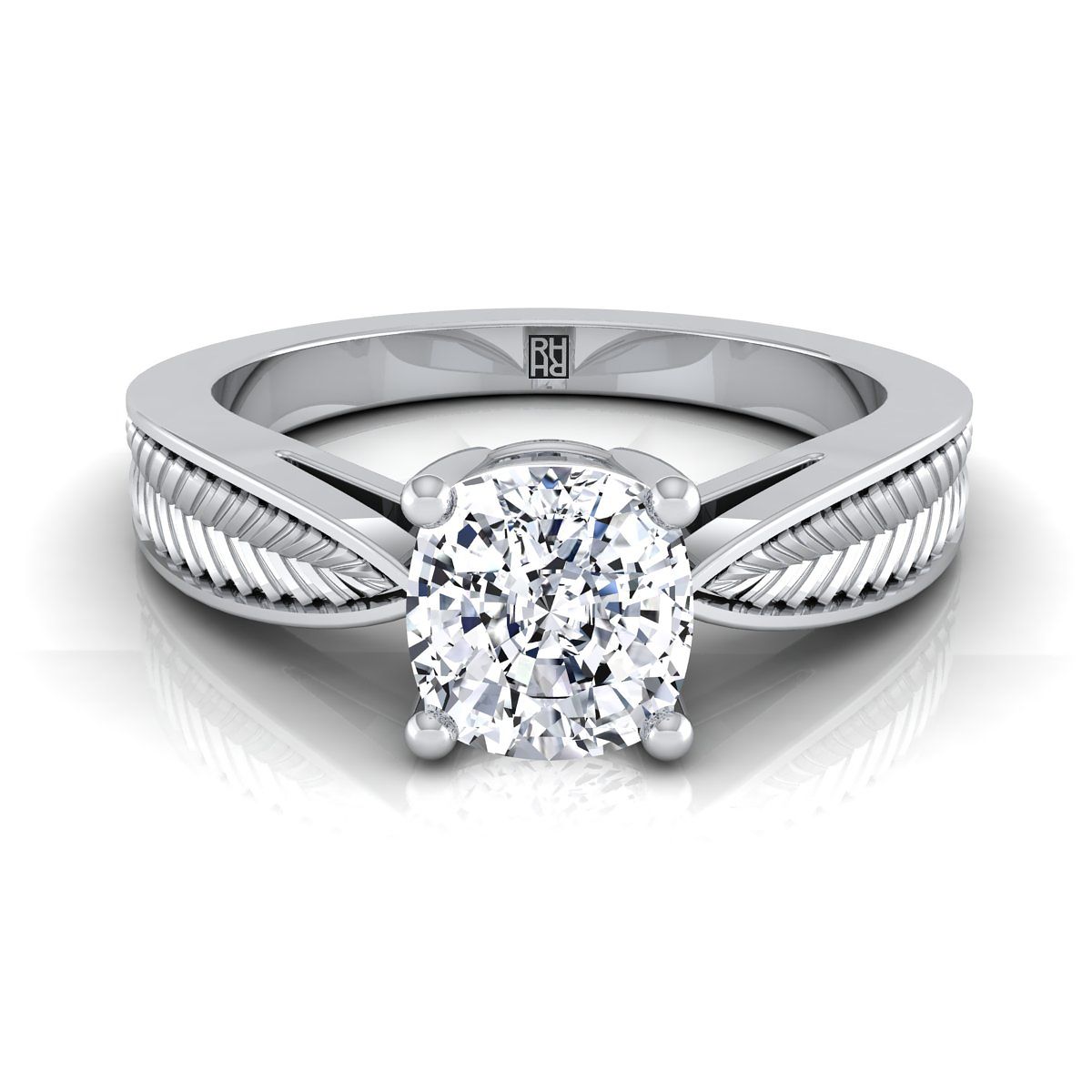 14K White Gold Cushion Vintage Inspired Leaf Pattern Pinched Solitaire Engagement Ring