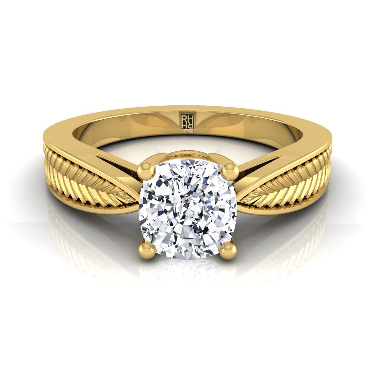 14K Yellow Gold Cushion Vintage Inspired Leaf Pattern Pinched Solitaire Engagement Ring
