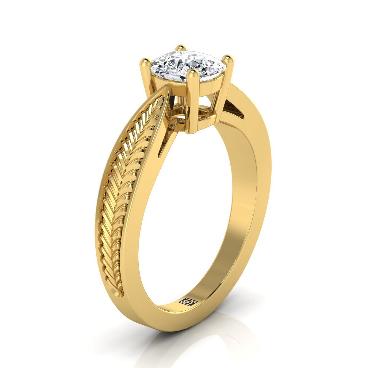 Vintage Leaf Pattern Solitaire Cushion, in 18K Yellow Gold, prong setting – side profile | RockHer