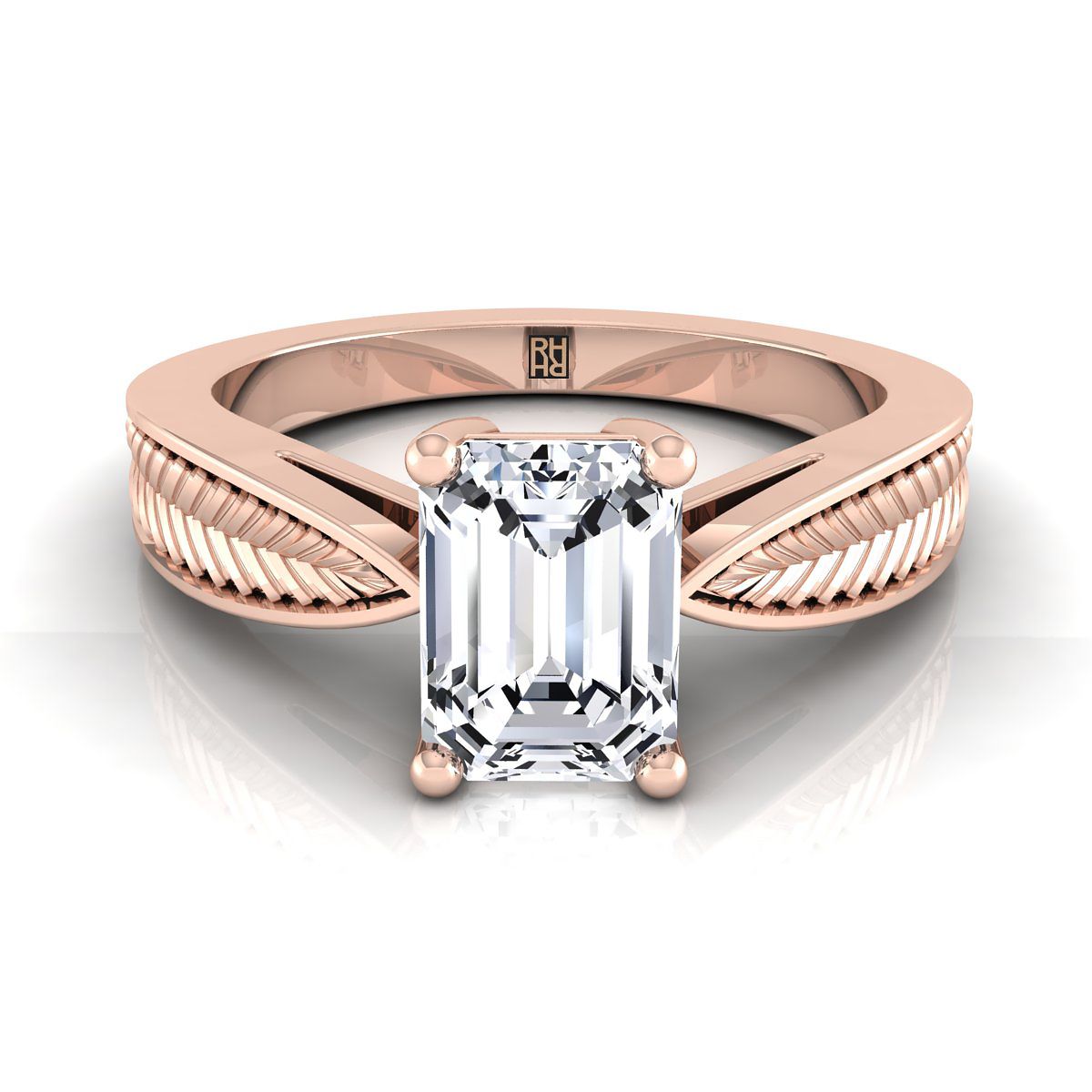 European Cut, Vintage Leaf Pattern Solitaire Emerald, in 14K Rose Gold, prong setting | RockHer