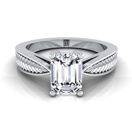 Vintage Leaf Pattern Solitaire Emerald Cut Engagement Ring Setting in 14K White Gold