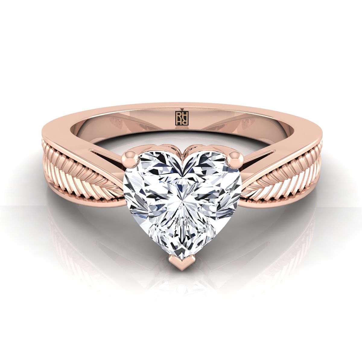 Vintage Leaf Pattern Solitaire Heart Shape, in 14K Rose Gold, prong setting | RockHer