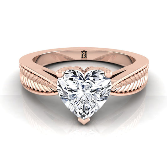 Vintage Leaf Pattern Solitaire Heart Shape, in 14K Rose Gold, prong setting | RockHer