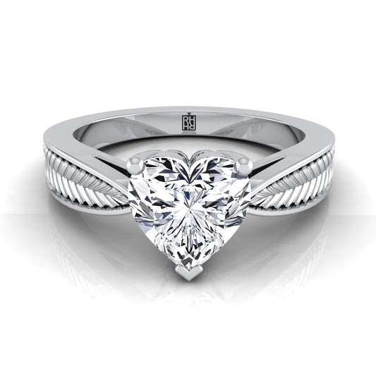 Vintage Leaf Pattern Solitaire Heart Shape, in Platinum, prong setting | RockHer