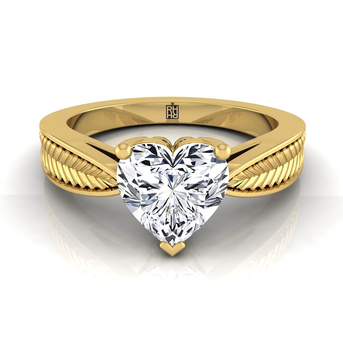 Vintage Leaf Pattern Solitaire Heart Shape, in 18K Yellow Gold, prong setting | RockHer