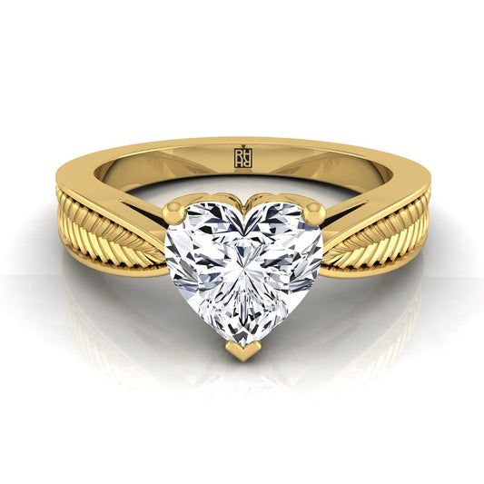 Vintage Leaf Pattern Solitaire Heart Shape, in 18K Yellow Gold, prong setting | RockHer