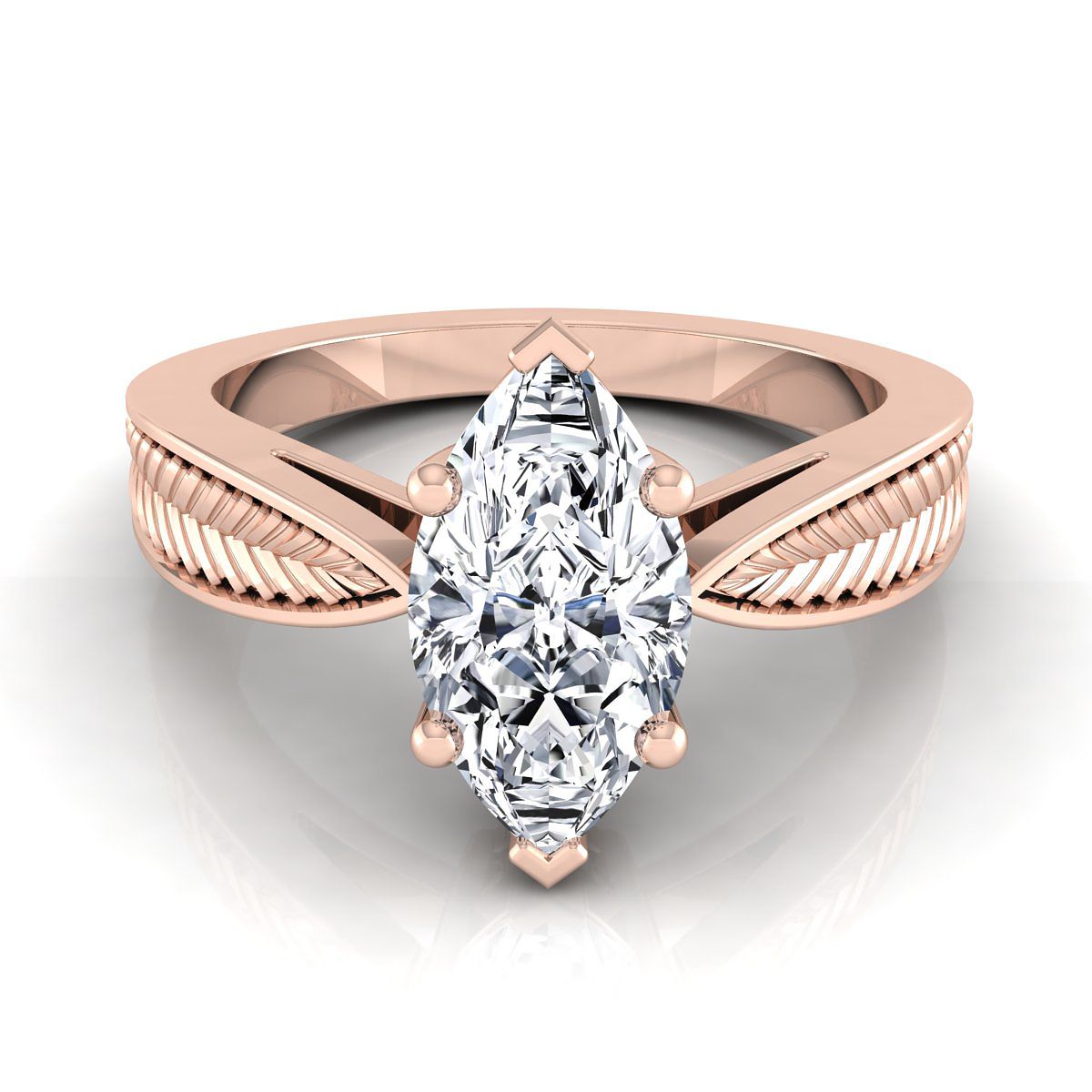 Vintage Leaf Pattern Solitaire Marquise, in 14K Rose Gold, prong setting | RockHer