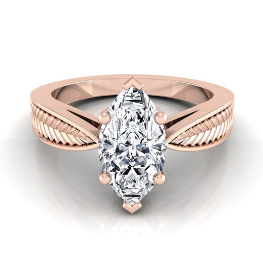 Vintage Leaf Pattern Solitaire Marquise, in 14K Rose Gold, prong setting | RockHer