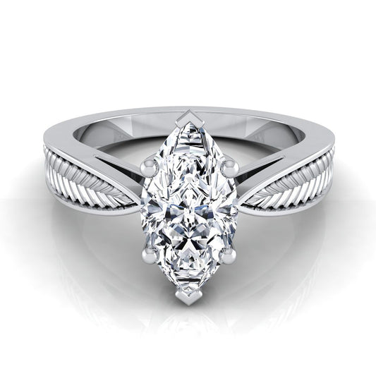 Vintage Leaf Pattern Solitaire Marquise, in Platinum, prong setting | RockHer