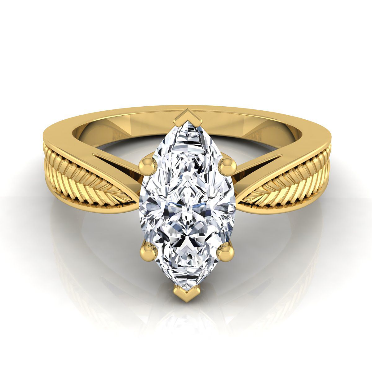 Vintage Leaf Pattern Solitaire Marquise, in 18K Yellow Gold, prong setting | RockHer
