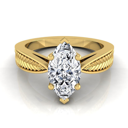 Vintage Leaf Pattern Solitaire Marquise, in 18K Yellow Gold, prong setting | RockHer