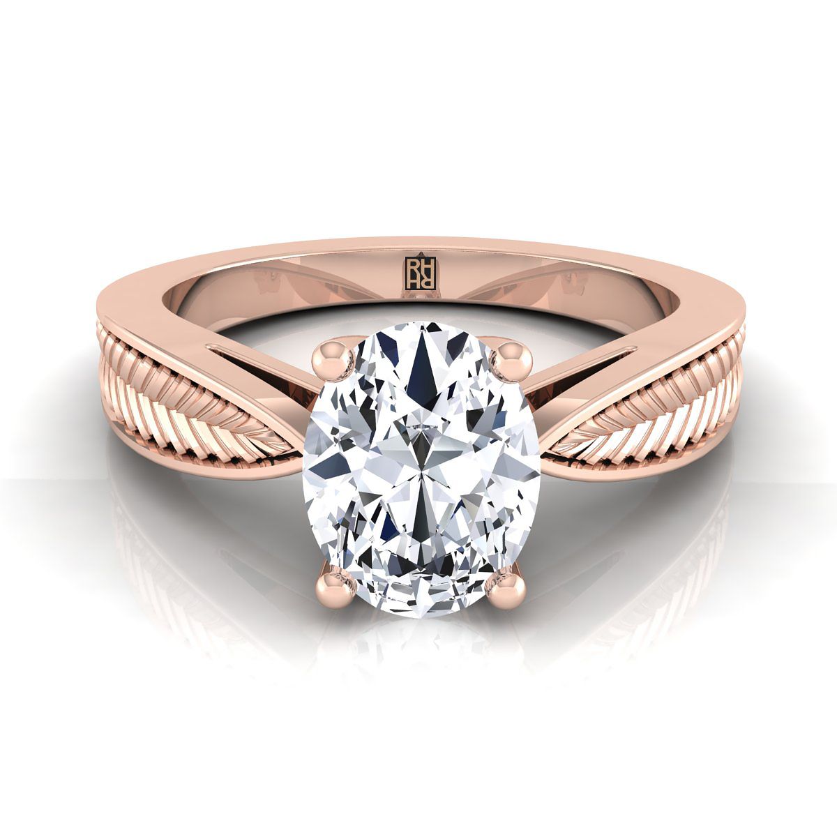 Vintage Leaf Pattern Solitaire Oval, in 14K Rose Gold, prong setting | RockHer