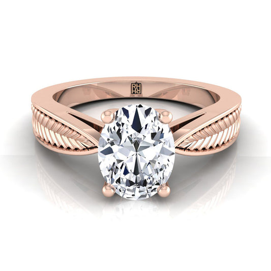 Vintage Leaf Pattern Solitaire Oval, in 14K Rose Gold, prong setting | RockHer