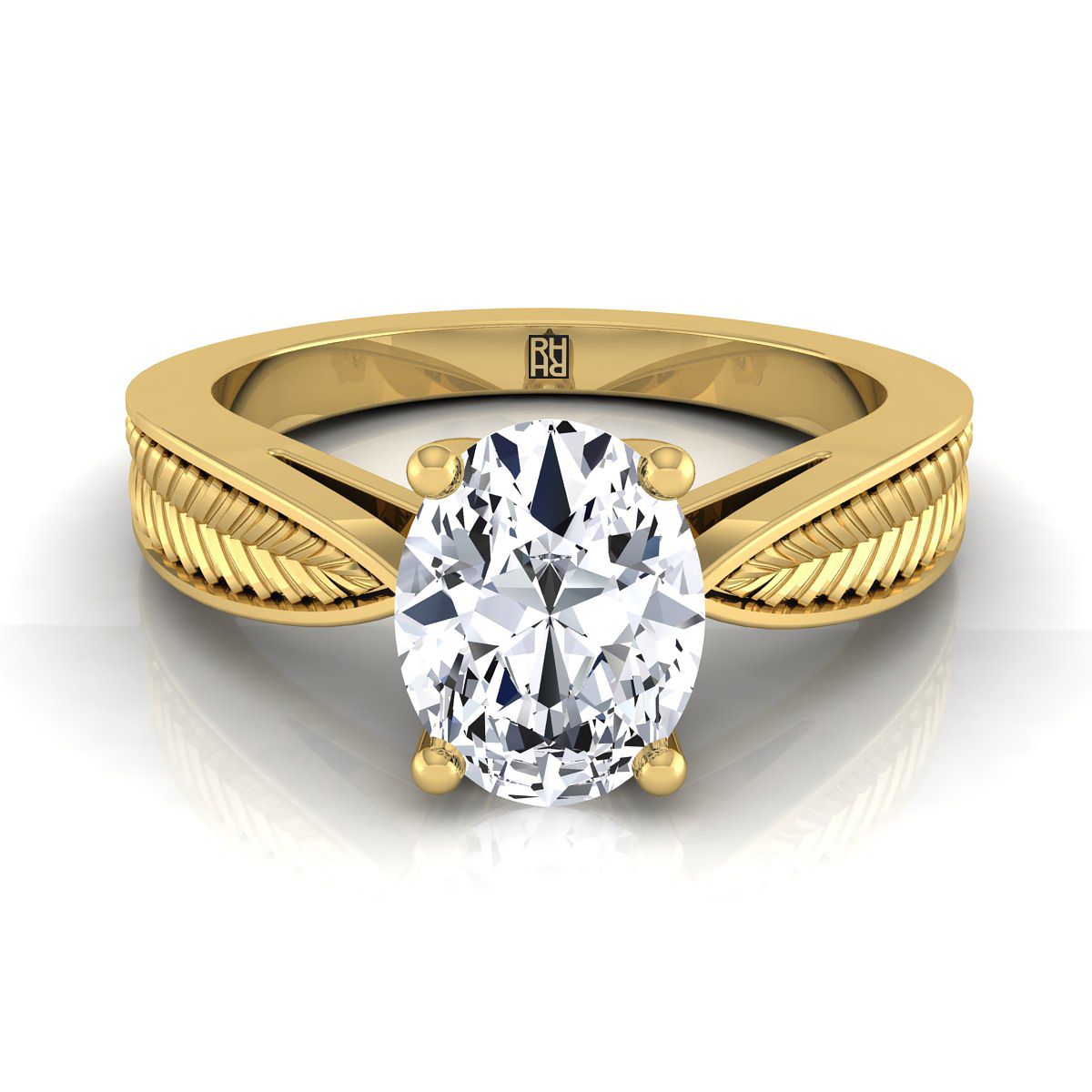 Vintage Leaf Pattern Solitaire Oval, in 18K Yellow Gold, prong setting | RockHer