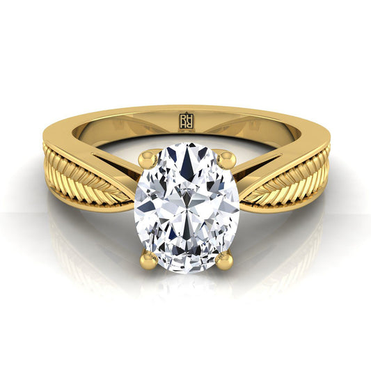 Vintage Leaf Pattern Solitaire Oval, in 18K Yellow Gold, prong setting | RockHer