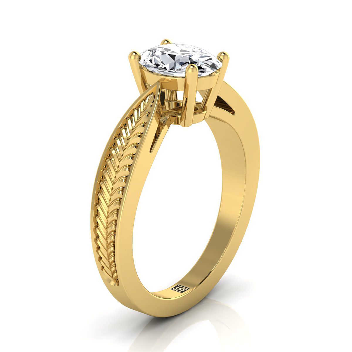 Vintage Leaf Pattern Solitaire Oval, in 18K Yellow Gold, prong setting – side profile | RockHer
