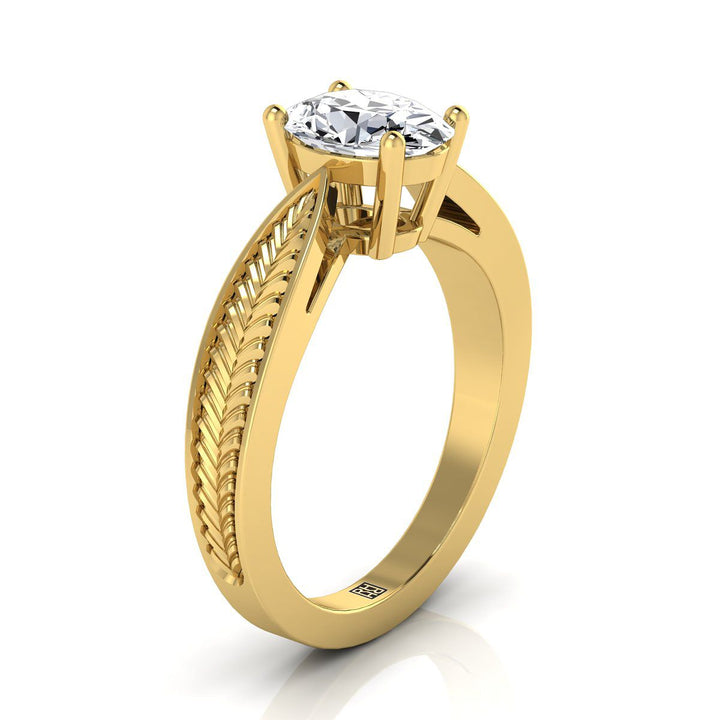 Vintage Leaf Pattern Solitaire Oval, in 18K Yellow Gold, prong setting – side profile | RockHer