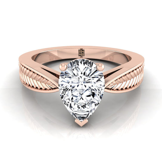Vintage Leaf Pattern Solitaire Pear Shape, in 14K Rose Gold, prong setting | RockHer