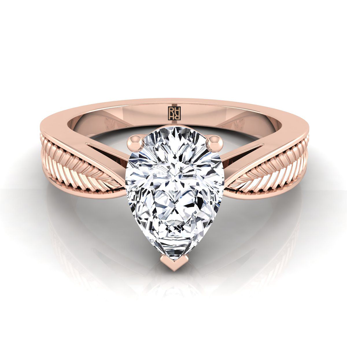 14K Rose Gold Pear Shape Center Vintage Inspired Leaf Pattern Pinched Solitaire Engagement Ring