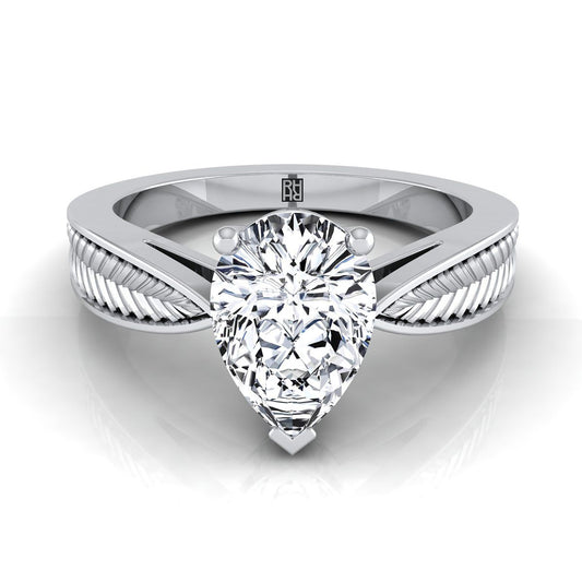 Vintage Leaf Pattern Solitaire Pear Shape, in Platinum, prong setting | RockHer
