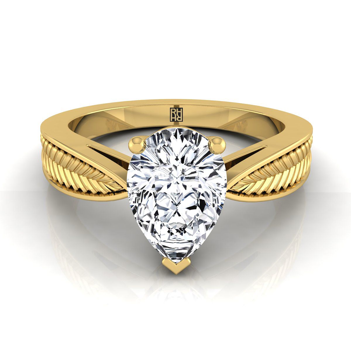 14K Yellow Gold Pear Shape Center Vintage Inspired Leaf Pattern Pinched Solitaire Engagement Ring