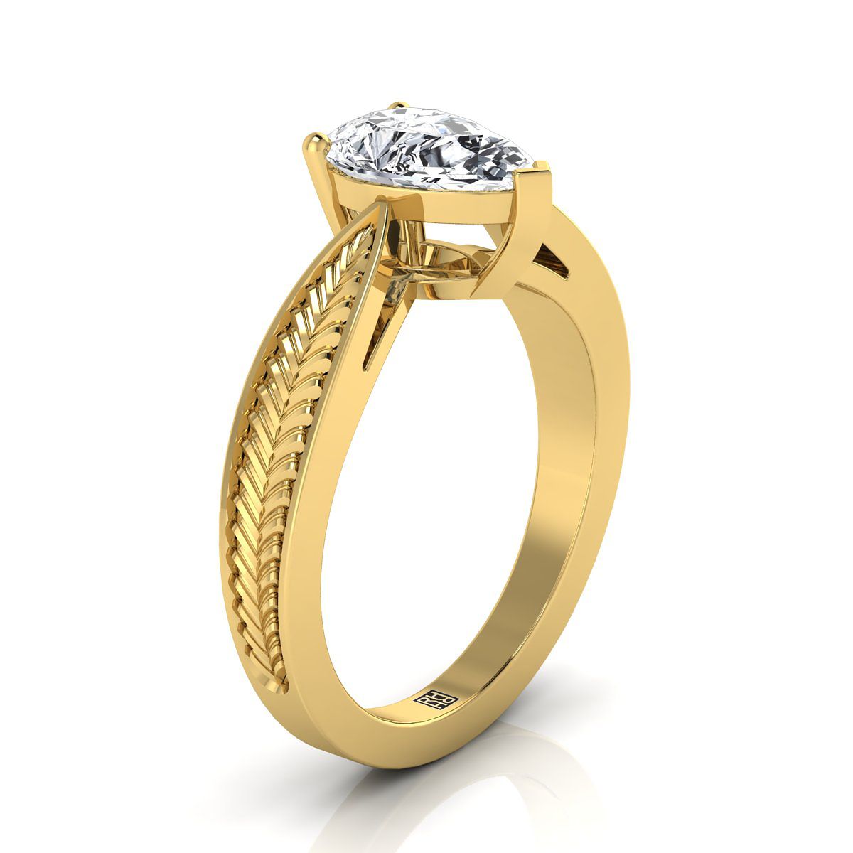 Vintage Leaf Pattern Solitaire Pear Shape, in 18K Yellow Gold, prong setting – side profile | RockHer