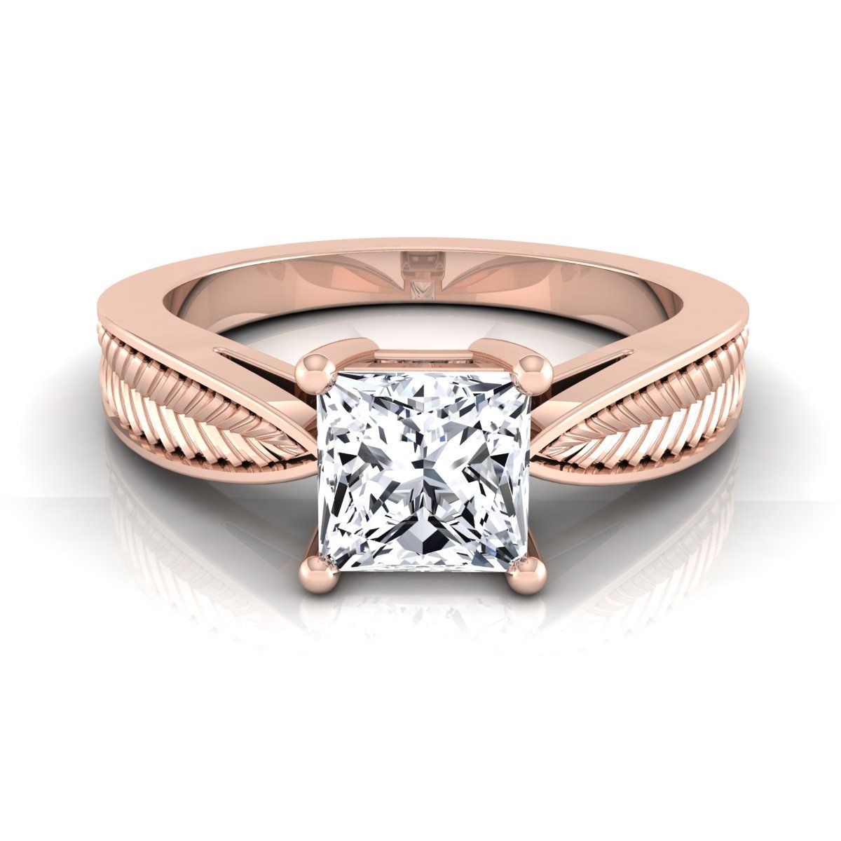 Vintage Leaf Pattern Solitaire Princess, in 14K Rose Gold, prong setting | RockHer