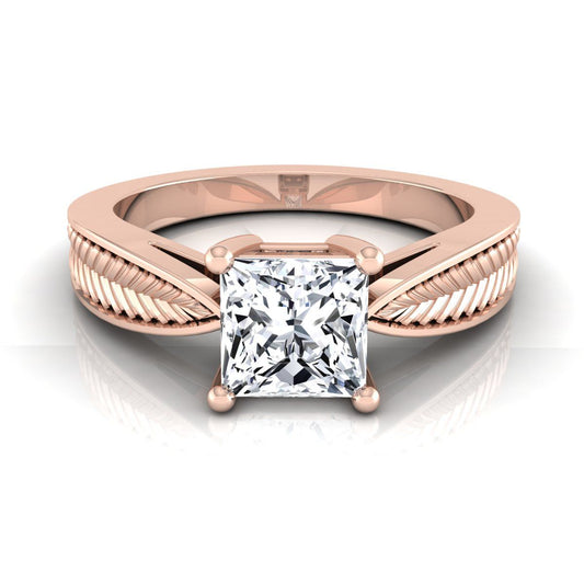 Vintage Leaf Pattern Solitaire Princess, in 14K Rose Gold, prong setting | RockHer