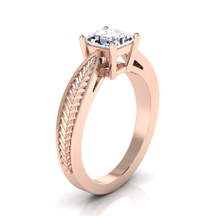 Vintage Leaf Pattern Solitaire Princess, in 14K Rose Gold, prong setting – side profile | RockHer