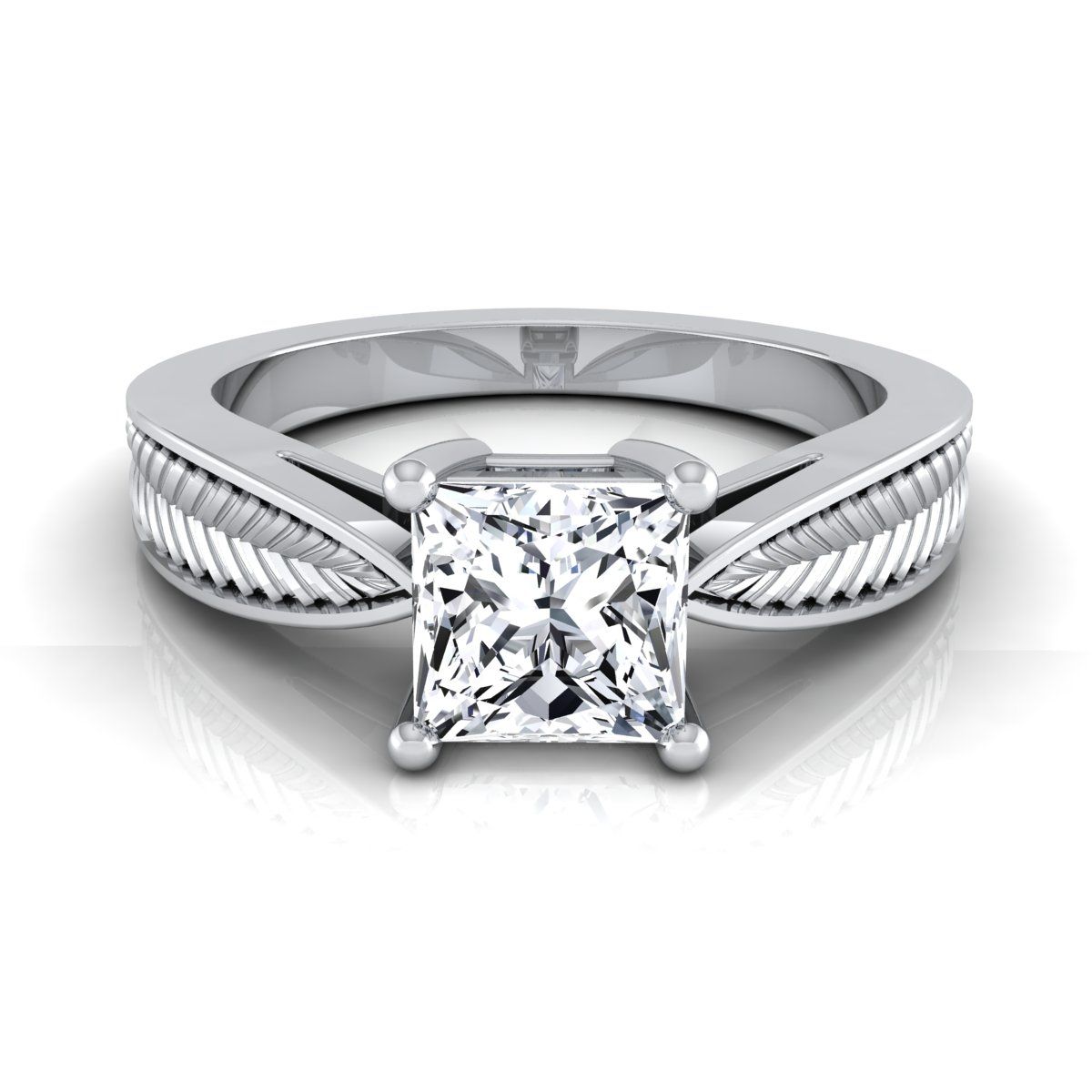 14K White Gold Princess Cut Vintage Inspired Leaf Pattern Pinched Solitaire Engagement Ring