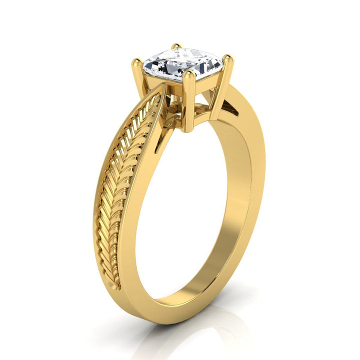 Vintage Leaf Pattern Solitaire Princess, in 18K Yellow Gold, prong setting – side profile | RockHer