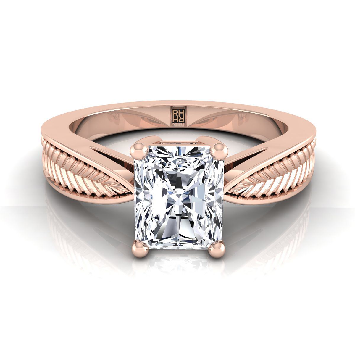 Vintage Leaf Pattern Solitaire Radiant, in 14K Rose Gold, prong setting | RockHer