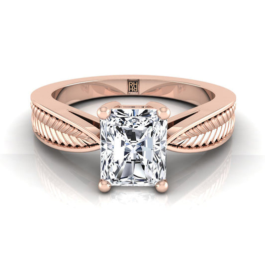 Vintage Leaf Pattern Solitaire Radiant, in 14K Rose Gold, prong setting | RockHer