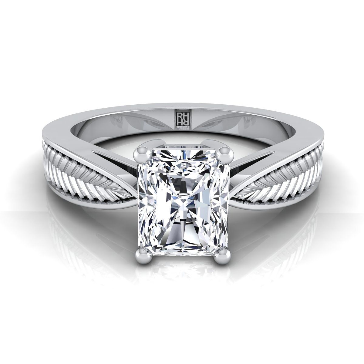 Vintage Leaf Pattern Solitaire Radiant, in Platinum, prong setting | RockHer