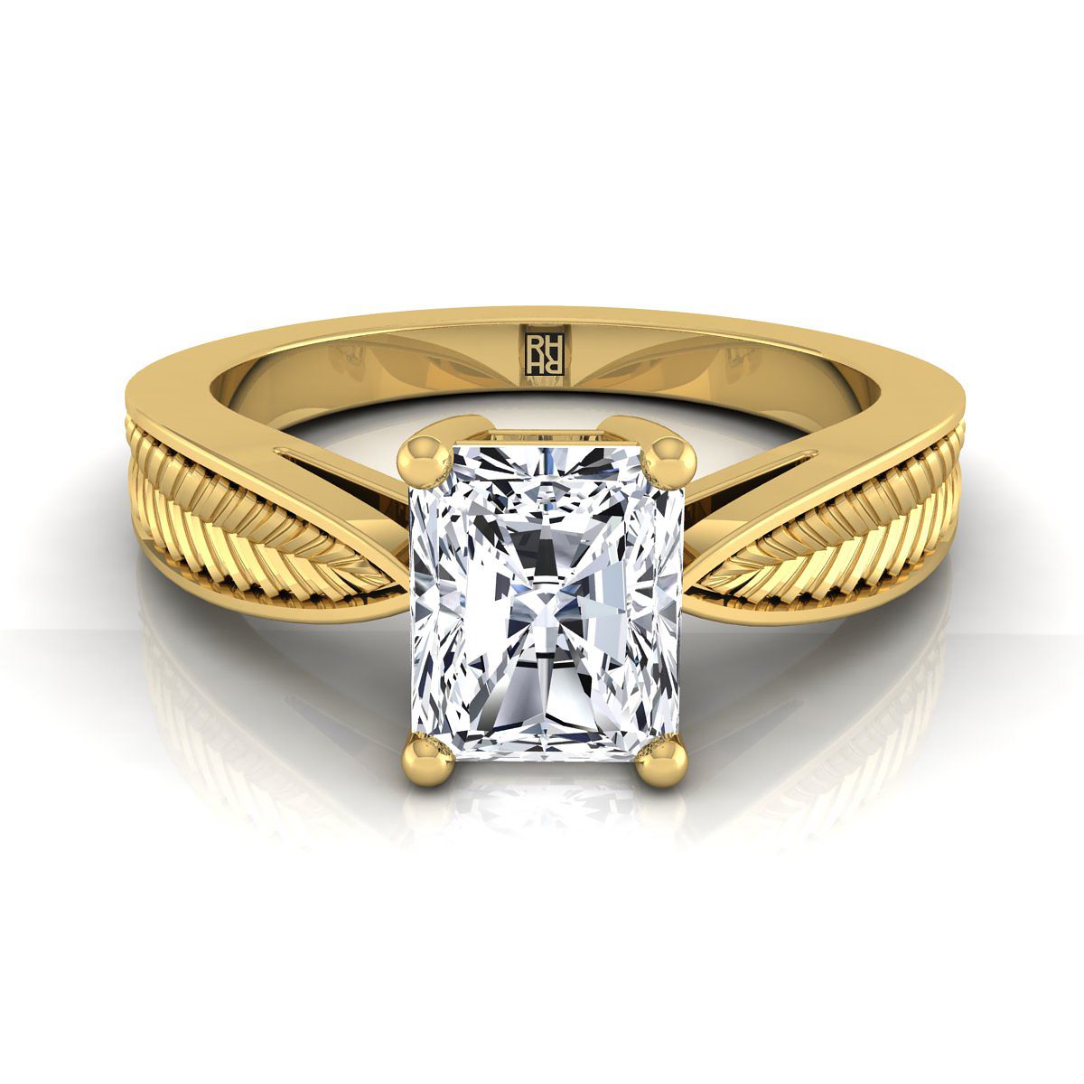 Vintage Leaf Pattern Solitaire Radiant, in 18K Yellow Gold, prong setting | RockHer