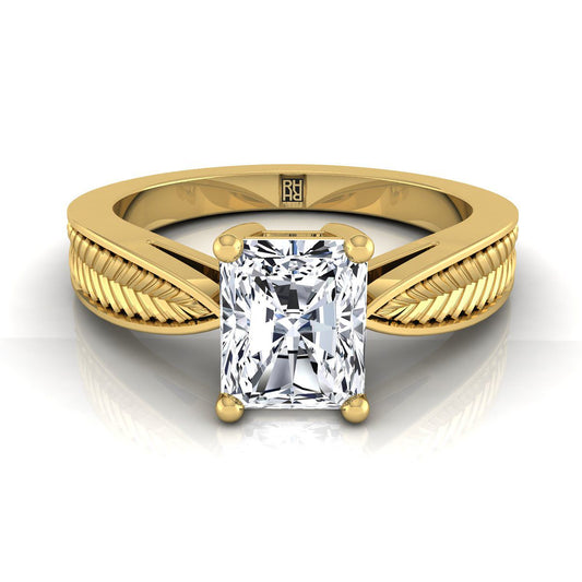 Vintage Leaf Pattern Solitaire Radiant, in 18K Yellow Gold, prong setting | RockHer